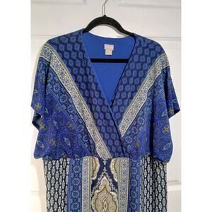 Chico's Paisley Printed Maxi Dress Sz 4 20/22 Blue Yellow Comfort Boho Travel